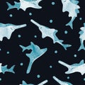 Seamless watercolor sawfish pattern. Vector marine background with cartoon rays