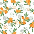 Seamless watercolor sea buckthorn pattern.