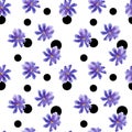 Seamless watercolor simple floral pattern on polka-dot background