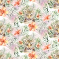 Seamless watercolor animal tiger pattern with tigers with tropical leaves, aloha jungle hawaiian. Hand painted palm leaf