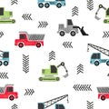 Seamless watercolor transport pattern with construction trucks