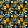 Seamless Watercolor of Trendy and colourful of Summer fruits pineapple and leaves brushed strokes style,