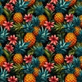 Seamless Watercolor of Trendy and colourful of Summer fruits pineapple and leaves brushed strokes style,