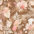 Seamless watercolor tropic floral pattern, pastel dry palm leaves, boho tropical flower, orchid, protea Royalty Free Stock Photo