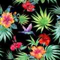 Seamless watercolor tropical pattern of hibiscus and hummingbird on a black background.