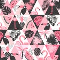 Seamless watercolor tropical pattern in patchwork style. Vector trendy background with flamingo