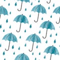 Seamless watercolor umbrellas and rain drops pattern