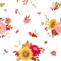 Seamless watercolor vector autumn flowers background, Thanksgiving floral pattern orange hydrangea