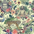 Seamless watercolor hand drawn pattern with buddha head, yogi, peacock, feathers, flowers, leaves. Royalty Free Stock Photo