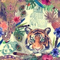 Seamless watercolor pattern with tiger head, elephant. Royalty Free Stock Photo