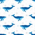 Seamless watercolor whale pattern.