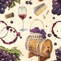 seamless watercolor wine pattern, bottle, barrel, grapes and vine leaves, collaged vintage style Royalty Free Stock Photo