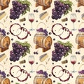 A seamless watercolor wine pattern with drawings of wine glasses, bottle, barrel, grapes and vine leaves Royalty Free Stock Photo