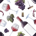 seamless watercolor wine pattern with drawings of wine glasses, bottle, branches of grape, corkscrew, wine cork Royalty Free Stock Photo