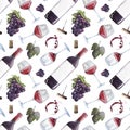 seamless watercolor wine pattern with drawings of wine glasses, bottle, branches of grape, corkscrew, wine cork