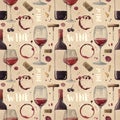 A seamless watercolor wine pattern with drawings of wine glasses, bottle, corkscrew, wine cork, collaged vintage style Royalty Free Stock Photo