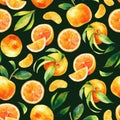 Seamless watercolour citrus fruits and leaves pattern. Green leaves and orange fruits on dark background. Seamless