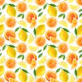 Seamless watercolour citrus pattern. Bright summer fruits on white background. Seamless Lemons and oranges. Watercolor Royalty Free Stock Photo