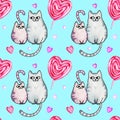 Seamless watercolour pattern on Valentines Day theme with heart, cats, sweets. Ideal for wrapping paper, design, fabrics, cards