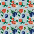 Seamless watercolour pattern with wild berries raspberry, blueberry, cranberry, butterfly, bumblebee, ladybug, leafs on