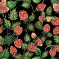 Seamless watercolour raspberry pattern with berries, leaves hand drawn isolated on black. For textile, wrapping paper