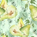 Seamless watercolour sunflowers pattern. watercolor sunflowers,pear fruit, pear slice. Autumn plant. Watercolor pattern, element, Royalty Free Stock Photo