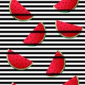 Seamless watermelon on black and white stripes. Vintage fruits background.