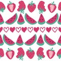 Seamless watermelon and strawberry pattern. Strawberries seamless hand drawn pattern