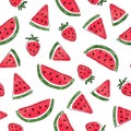 Seamless watermelon and strawberry pattern. Summer watercolor berry print