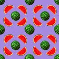 Seamless watermelons pattern. background with gouache watermelon slices on purple background. Fresh fruits seasonal background