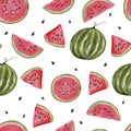 Seamless watermelons pattern. background with watercolor watermelon slices.