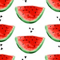 Seamless watermelons pattern. Slices of watermelon, berry background. Painted fruit, graphic art, cartoon. Royalty Free Stock Photo