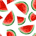 Seamless watermelons pattern. Slices of watermelon, berry background. Painted fruit, graphic art, cartoon. Royalty Free Stock Photo