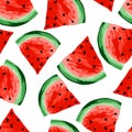 Seamless watermelons pattern. Slices of watermelon, berry background. Painted fruit, graphic art, cartoon. Royalty Free Stock Photo