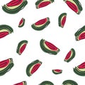 Seamless watermelons pattern. Vector background with watercolor watermelon slices