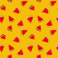 Seamless watermelons pattern on yellow background. background with gouache watermelon slices. Fresh fruits seasonal background