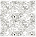 Seamless waves and fish ornamental monochrome pattern