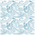 Seamless waves ornamental blue on white pattern