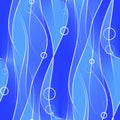 Seamless wavy lines and circles pattern blue white overlaying blurred