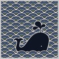 Seamless wavy pattern with blue whale - vector