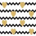 Seamless wavy pattern with golden glitter hearts