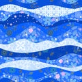 Seamless wavy pattern of knitted, embroidered and fabric patches with flowers in blue tones. Print for textiles. Vector