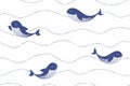 Seamless wavy pattern with swimming blue whales Royalty Free Stock Photo