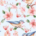 Seamless Wayercolor Pattern With Birds And Cherry Blossom