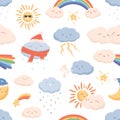 Seamless weather pattern with cute smiling faces of sun, rainbow, moon, snowing and raining clouds. Funny kids Royalty Free Stock Photo