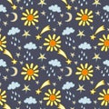 Seamless weather pattern with cute sun, moon and raining clouds on dark background. Funny kids characters on endless Royalty Free Stock Photo