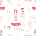 Seamless wedding pattern. Couple of newlyweds, bride and groom, hearts, wedding rings, brides bouquet on white