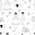 Seamless wedding pattern. Couple newlyweds, bride and groom, love, bird with heart, gifts and wedding rings on white