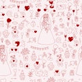 Seamless wedding pattern. Cute bride in wedding dress with bouquet, toy teddy bear, cake and an arrow in heart on white