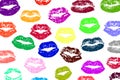 Seamless white background with prints of multi-colored lips, lipstick,